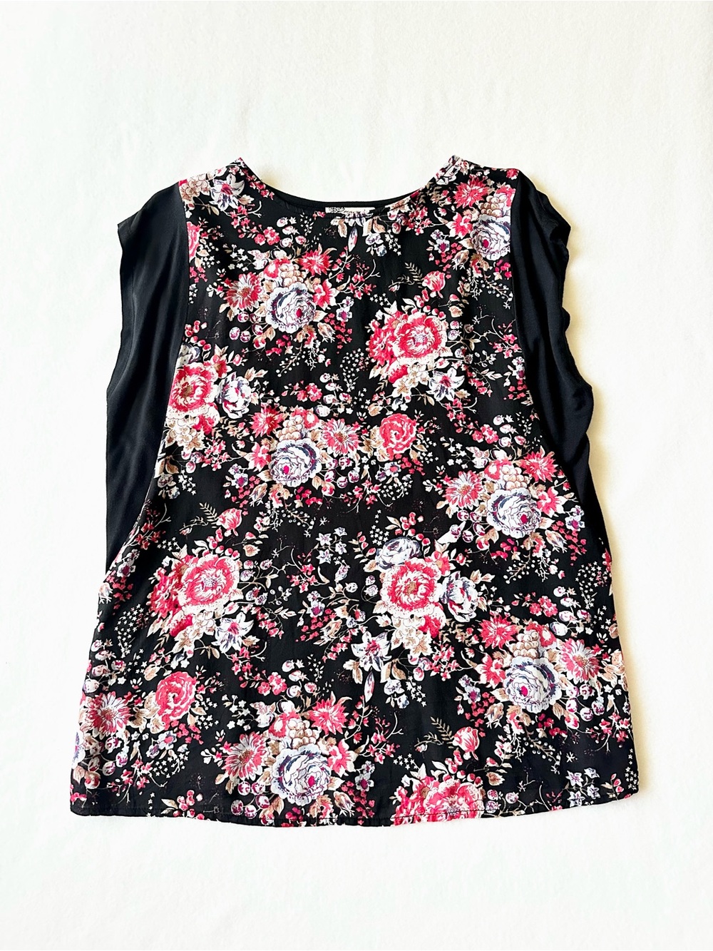 Women's Magazine Black Red Floral Tank Top Large 100% Cotton Sleeveless